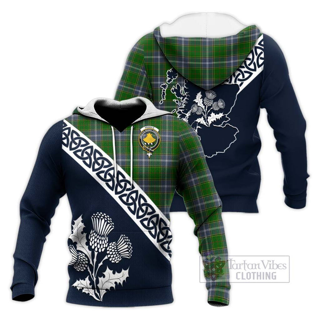 Tartan Vibes Clothing Pringle Tartan Knitted Hoodie Featuring Thistle and Scotland Map