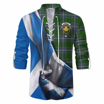 Pringle Tartan Ghillie Kilt Shirt with Family Crest Scotland Patriotic Style