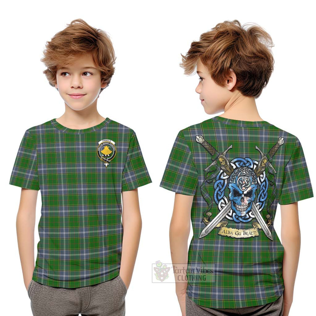 Tartan Vibes Clothing Pringle Tartan Kid T-Shirt with Family Crest Celtic Skull Style