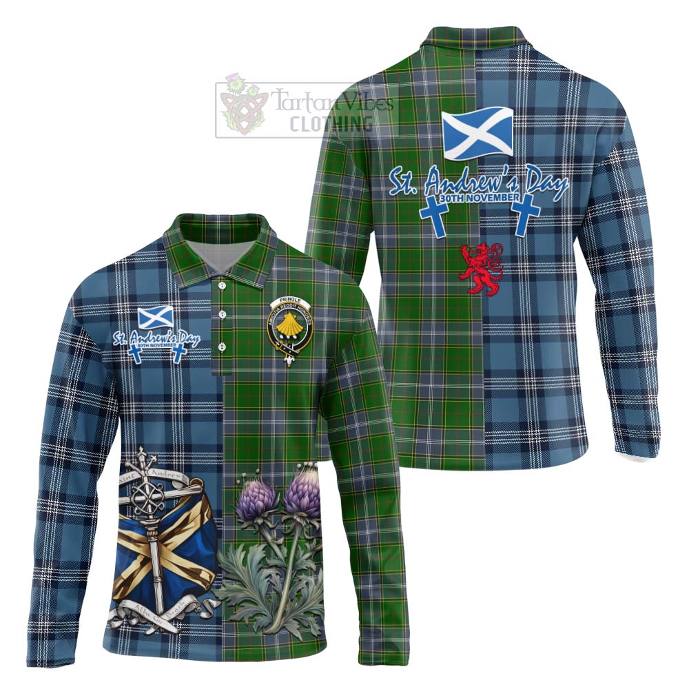 Tartan Vibes Clothing Pringle Tartan Long Sleeve Polo Shirt Happy St. Andrew's Day Half Tartan Style