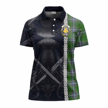 Pringle Tartan Women's Polo Shirt with Family Crest Cross Sword Thistle Celtic Vibes