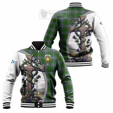 Pringle Tartan Baseball Jacket with Family Crest and St. Andrew's Cross Accented by Thistle Vines