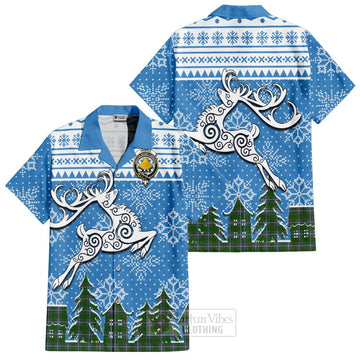 Pringle Clan Christmas Short Sleeve Button Shirt Celtic Reindeer Style