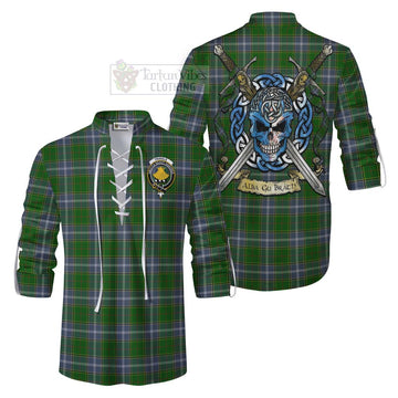 Pringle Tartan Ghillie Kilt Shirt with Family Crest Celtic Skull Style