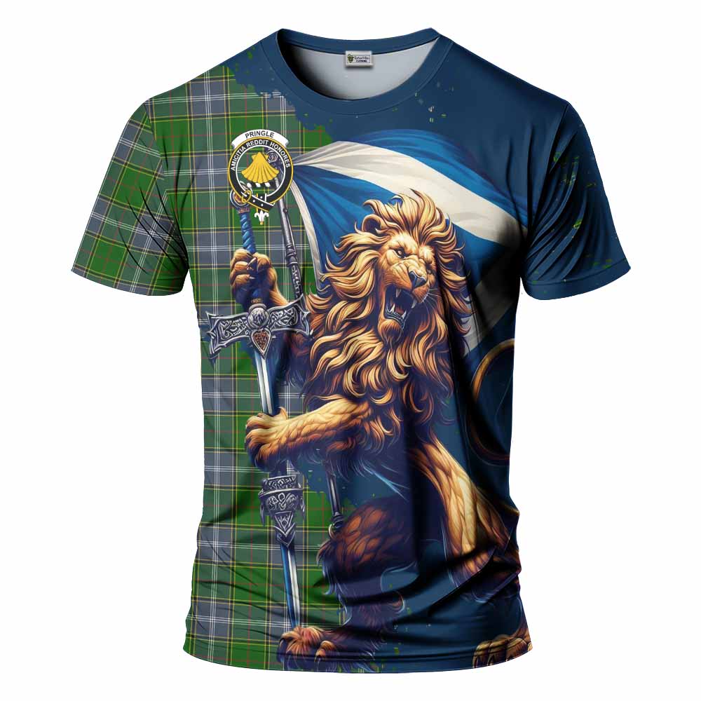 Tartan Vibes Clothing Pringle Tartan Family Crest T-Shirt with Scottish Majestic Lion