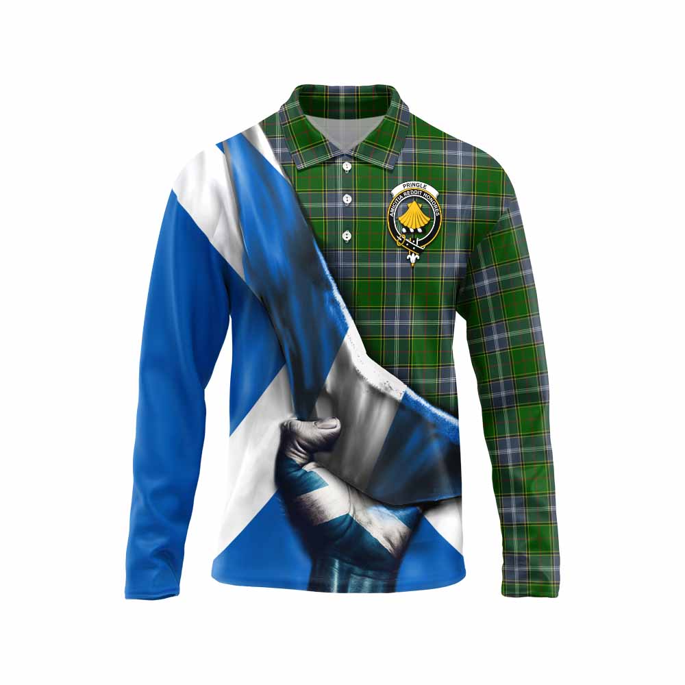 Tartan Vibes Clothing Pringle Tartan Long Sleeve Polo Shirt with Family Crest Scotland Patriotic Style