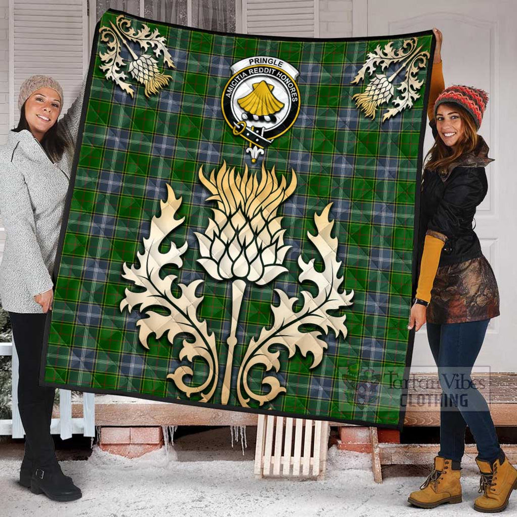 Tartan Vibes Clothing Pringle Tartan Quilt with Family Crest and Golden Thistle Style