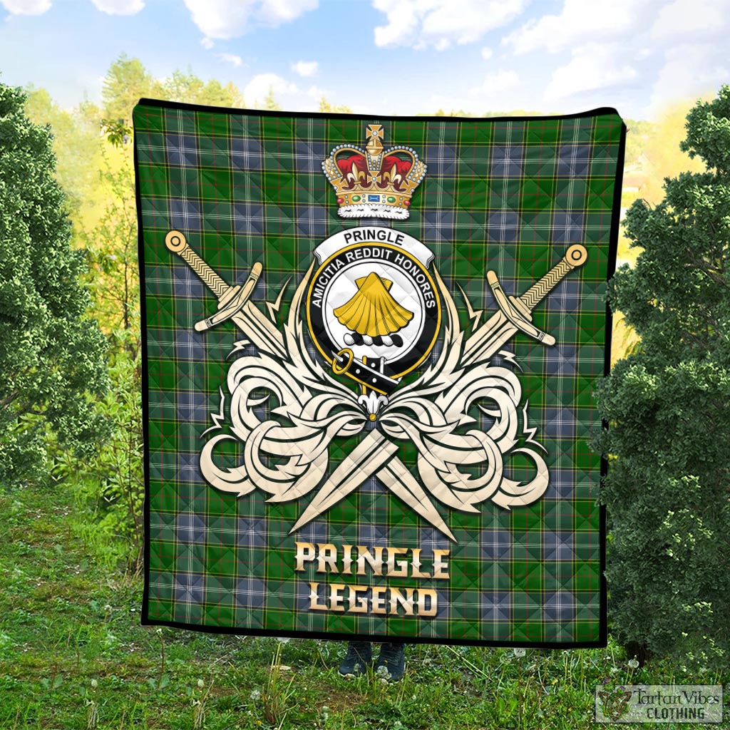 Tartan Vibes Clothing Pringle Tartan Quilt with Clan Crest and the Golden Sword of Courageous Legacy