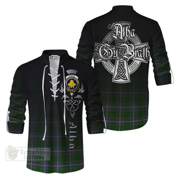 Pringle Tartan Ghillie Kilt Shirt Featuring Alba Gu Brath Family Crest Celtic Inspired