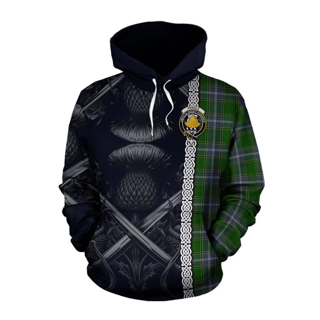 Tartan Vibes Clothing Pringle Tartan Cotton Hoodie with Family Crest Cross Sword Thistle Celtic Vibes