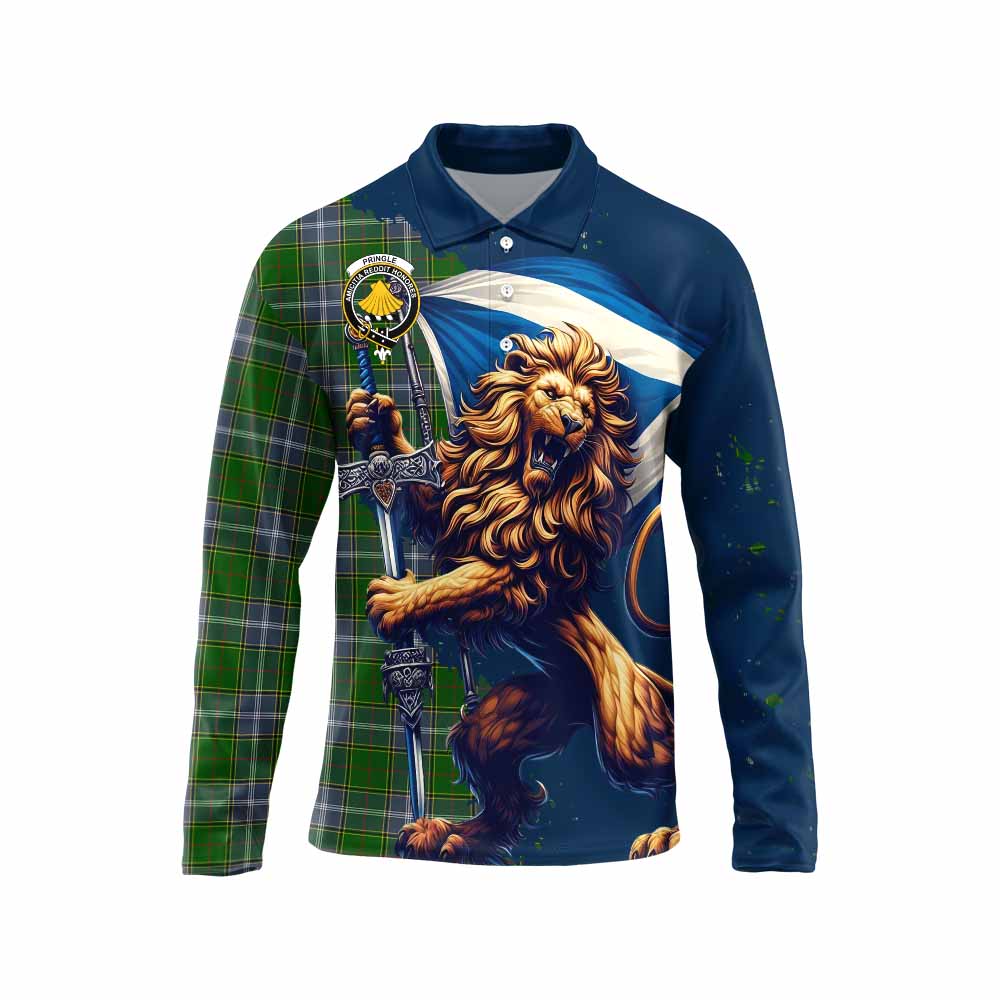 Tartan Vibes Clothing Pringle Tartan Family Crest Long Sleeve Polo Shirt with Scottish Majestic Lion