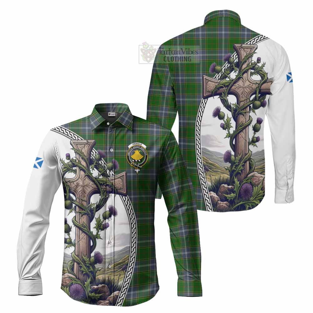 Tartan Vibes Clothing Pringle Tartan Long Sleeve Button Shirt with Family Crest and St. Andrew's Cross Accented by Thistle Vines