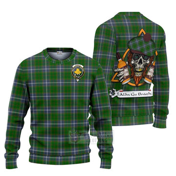 Pringle Tartan Ugly Sweater with Family Crest and Bearded Skull Holding Bottles of Whiskey