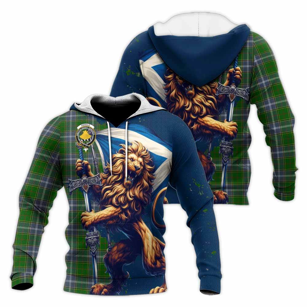 Tartan Vibes Clothing Pringle Tartan Family Crest Knitted Hoodie with Scottish Majestic Lion