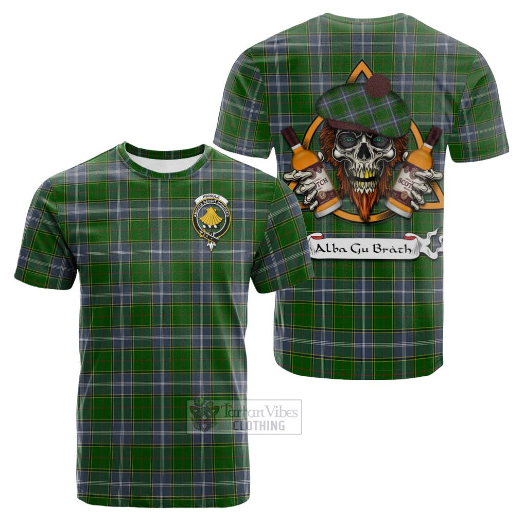 Tartan Vibes Clothing Pringle Tartan Cotton T-shirt with Family Crest and Bearded Skull Holding Bottles of Whiskey