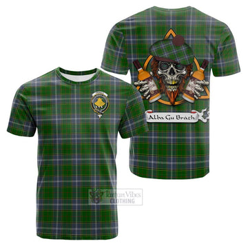 Pringle Tartan Cotton T-shirt with Family Crest and Bearded Skull Holding Bottles of Whiskey