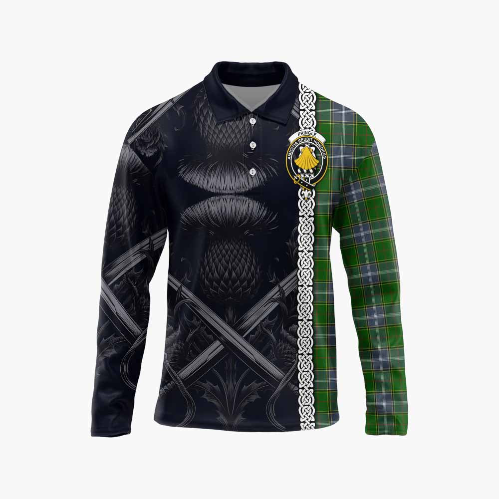 Tartan Vibes Clothing Pringle Tartan Long Sleeve Polo Shirt with Family Crest Cross Sword Thistle Celtic Vibes