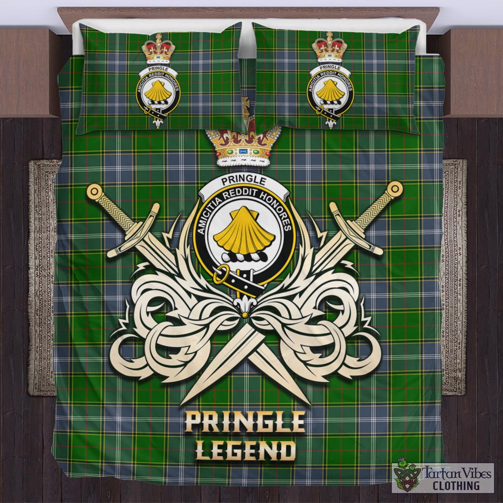 Tartan Vibes Clothing Pringle Tartan Bedding Set with Clan Crest and the Golden Sword of Courageous Legacy