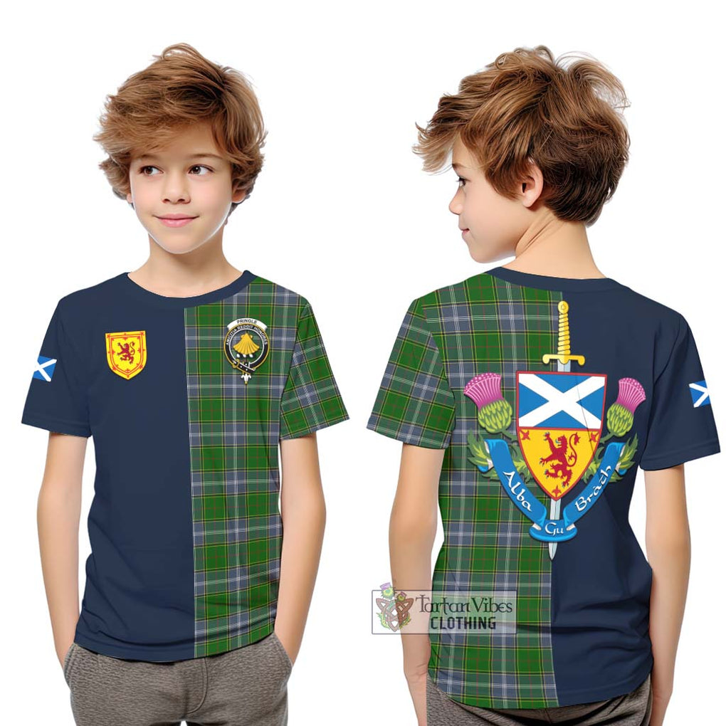 Tartan Vibes Clothing Pringle Tartan Kid T-Shirt with Scottish Lion Royal Arm Half Style