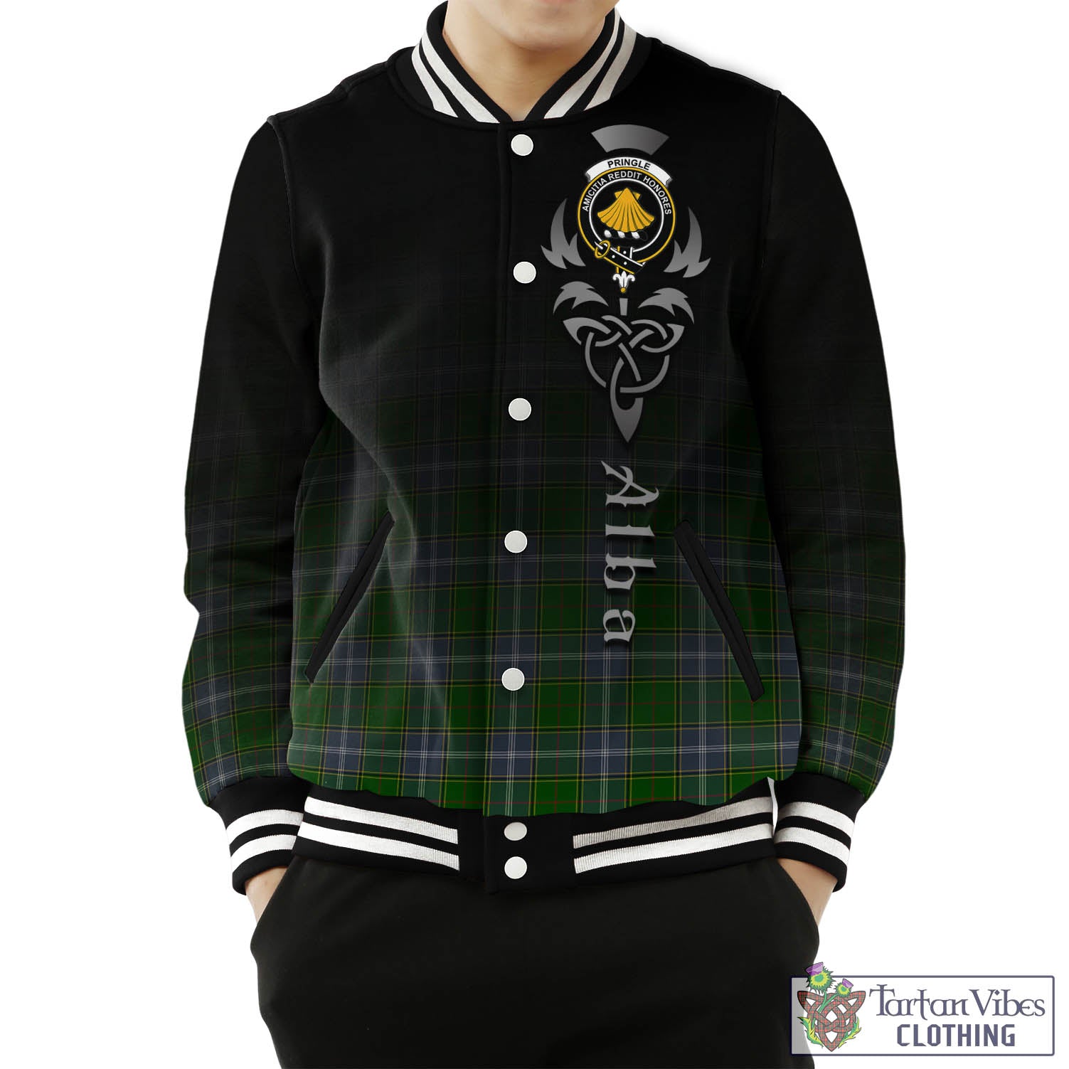 Tartan Vibes Clothing Pringle Tartan Baseball Jacket Featuring Alba Gu Brath Family Crest Celtic Inspired