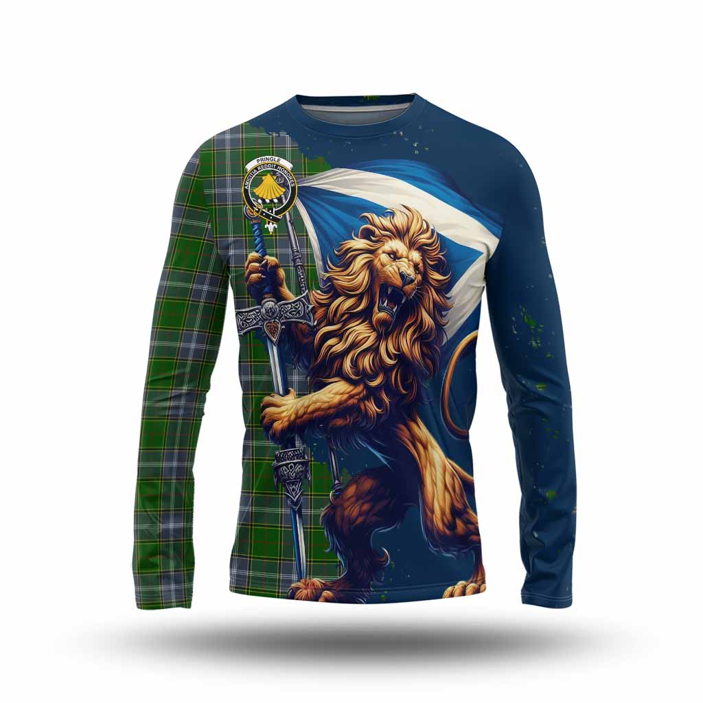 Tartan Vibes Clothing Pringle Tartan Family Crest Long Sleeve T-Shirt with Scottish Majestic Lion