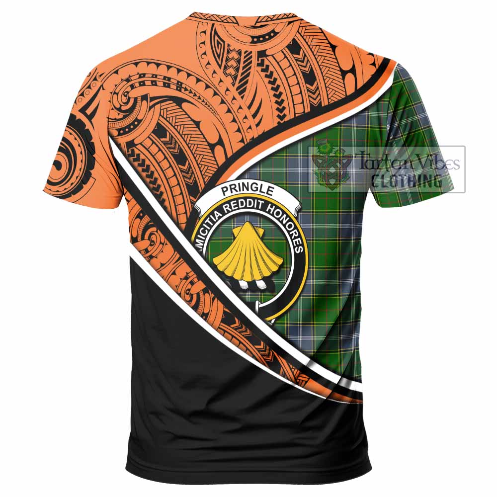 Tartan Vibes Clothing Pringle Crest Tartan T-Shirt with Maori Tattoo Style - Orange Version