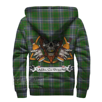 Pringle Tartan Sherpa Hoodie with Family Crest and Bearded Skull Holding Bottles of Whiskey