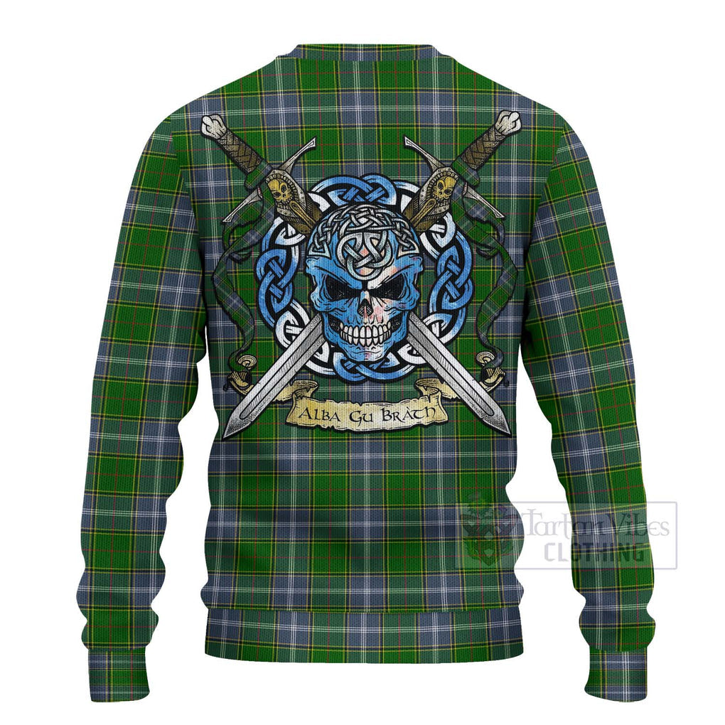 Tartan Vibes Clothing Pringle Tartan Knitted Sweater with Family Crest Celtic Skull Style