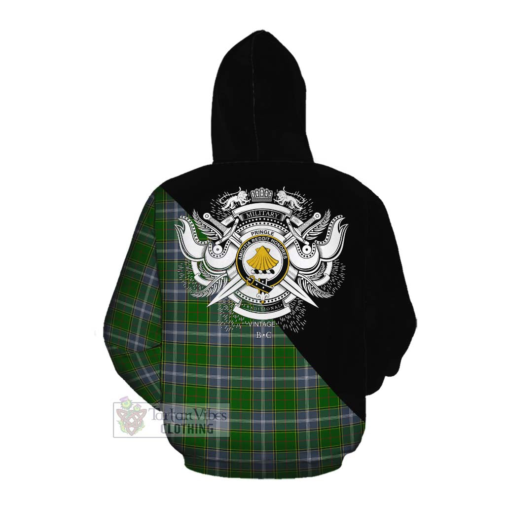 Tartan Vibes Clothing Pringle Tartan Cotton Hoodie with Family Crest and Military Logo Style