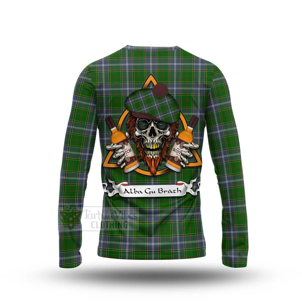 Tartan Vibes Clothing Pringle Tartan Long Sleeve T-Shirt with Family Crest and Bearded Skull Holding Bottles of Whiskey