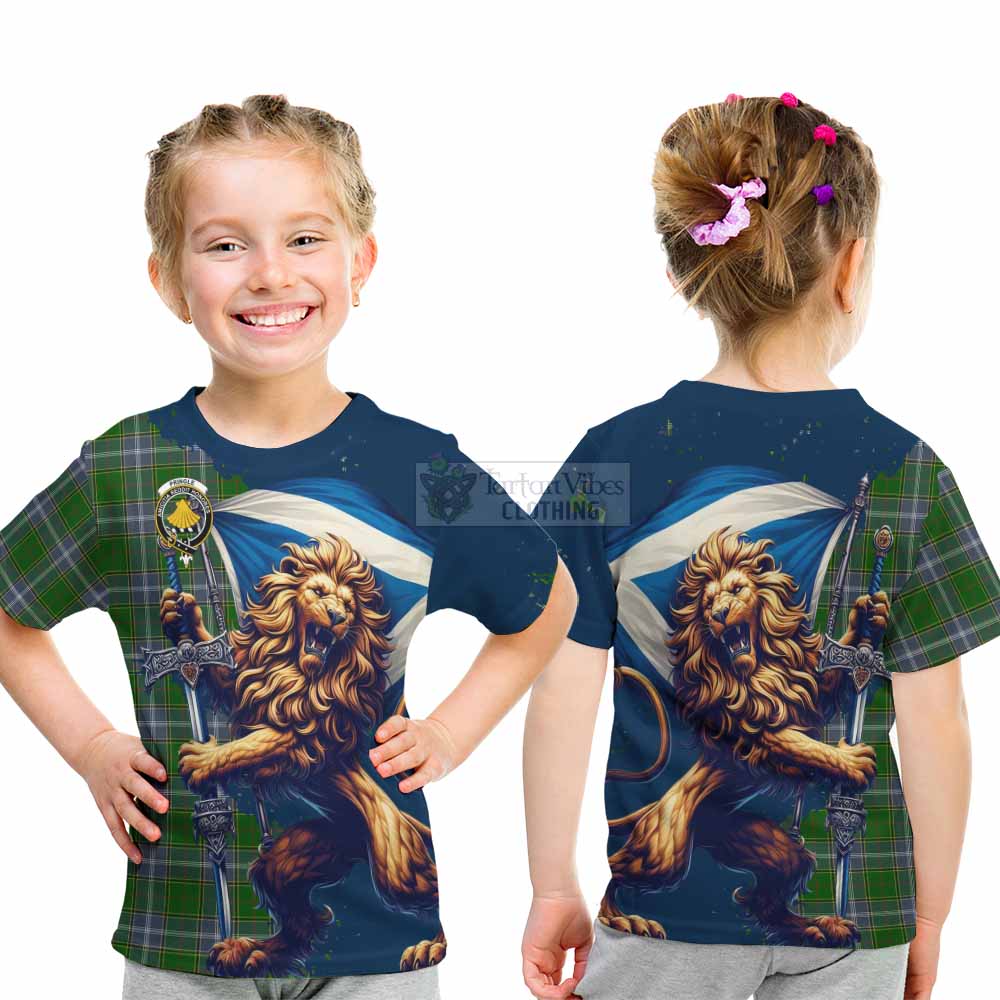 Tartan Vibes Clothing Pringle Tartan Family Crest Kid T-Shirt with Scottish Majestic Lion