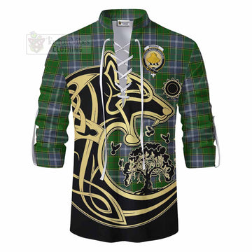 Pringle Tartan Ghillie Kilt Shirt with Family Crest Celtic Wolf Style