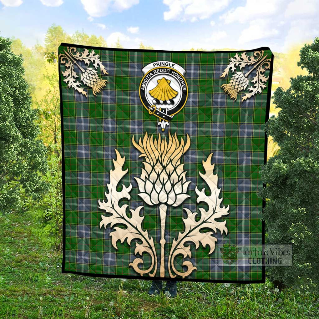 Tartan Vibes Clothing Pringle Tartan Quilt with Family Crest and Golden Thistle Style