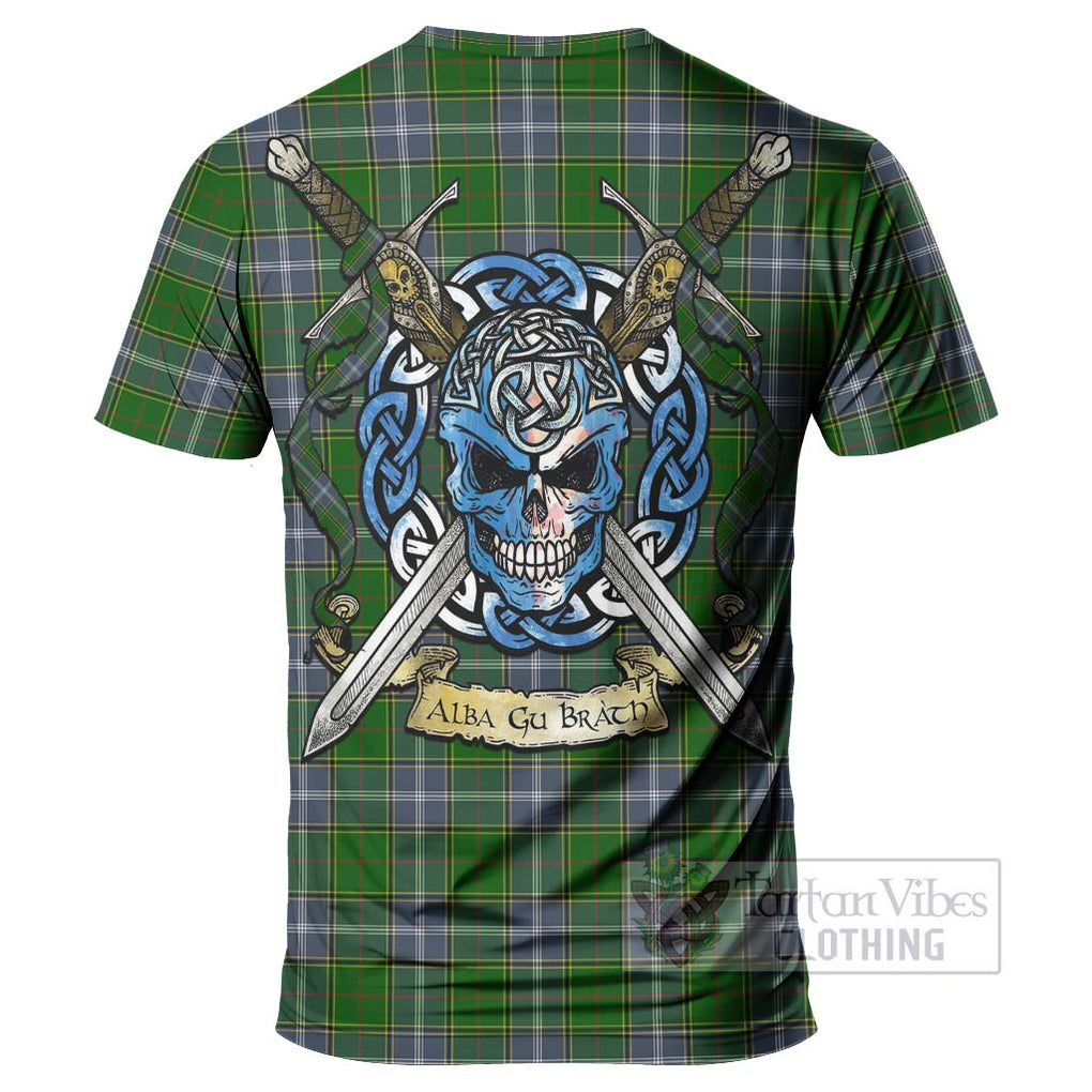 Tartan Vibes Clothing Pringle Tartan T-Shirt with Family Crest Celtic Skull Style