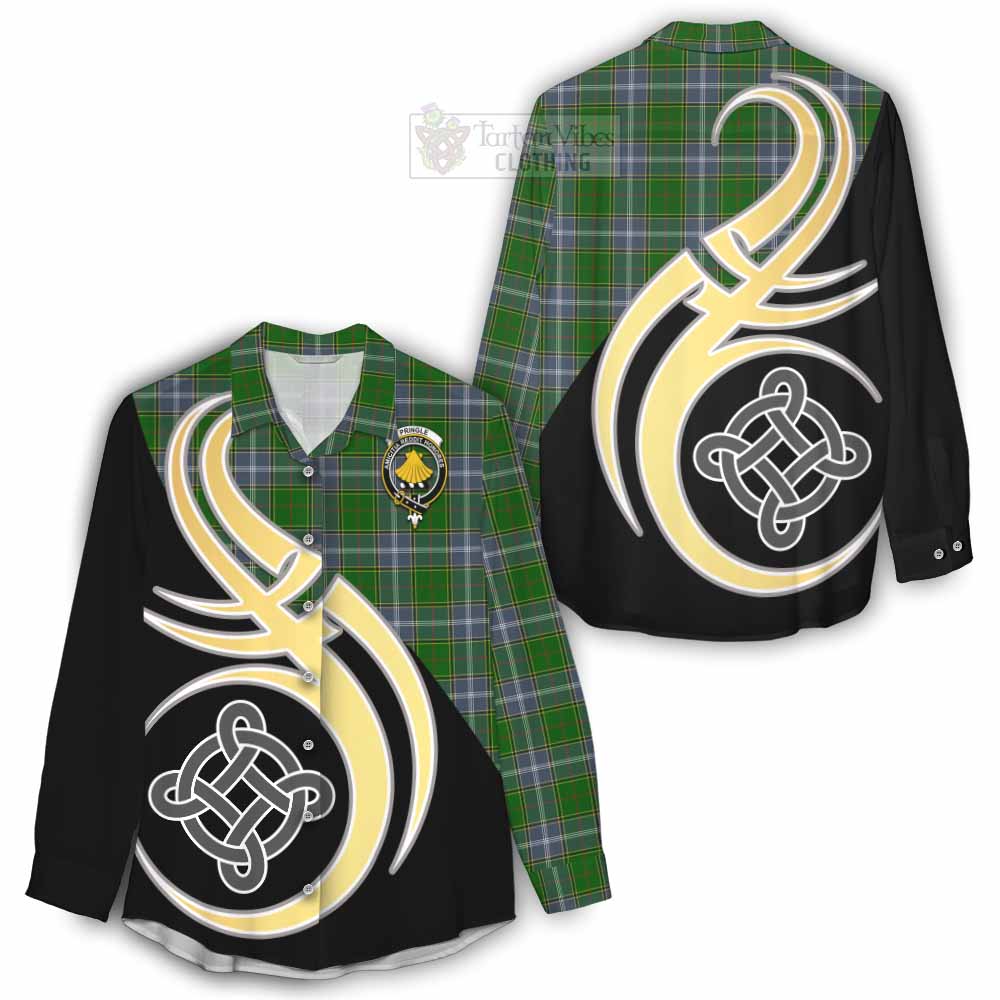 Pringle Tartan Women's Casual Shirt with Family Crest and Celtic Symbol Style - Tartan Vibes Clothing