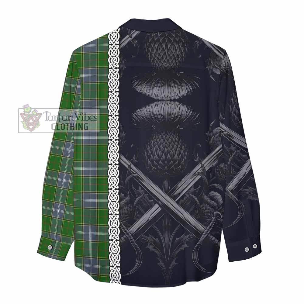 Pringle Tartan Women's Casual Shirt with Family Crest Cross Sword Thistle Celtic Vibes - Tartan Vibes Clothing