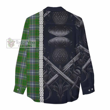 Pringle Tartan Women's Casual Shirt with Family Crest Cross Sword Thistle Celtic Vibes