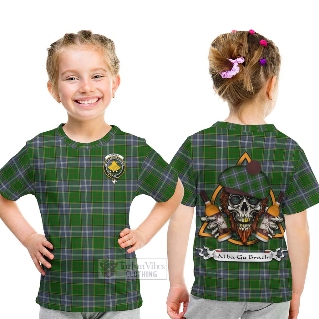 Tartan Vibes Clothing Pringle Tartan Kid T-Shirt with Family Crest and Bearded Skull Holding Bottles of Whiskey