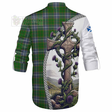 Pringle Tartan Ghillie Kilt Shirt with Family Crest and St. Andrew's Cross Accented by Thistle Vines