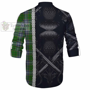 Pringle Tartan Ghillie Kilt Shirt with Family Crest Cross Sword Thistle Celtic Vibes