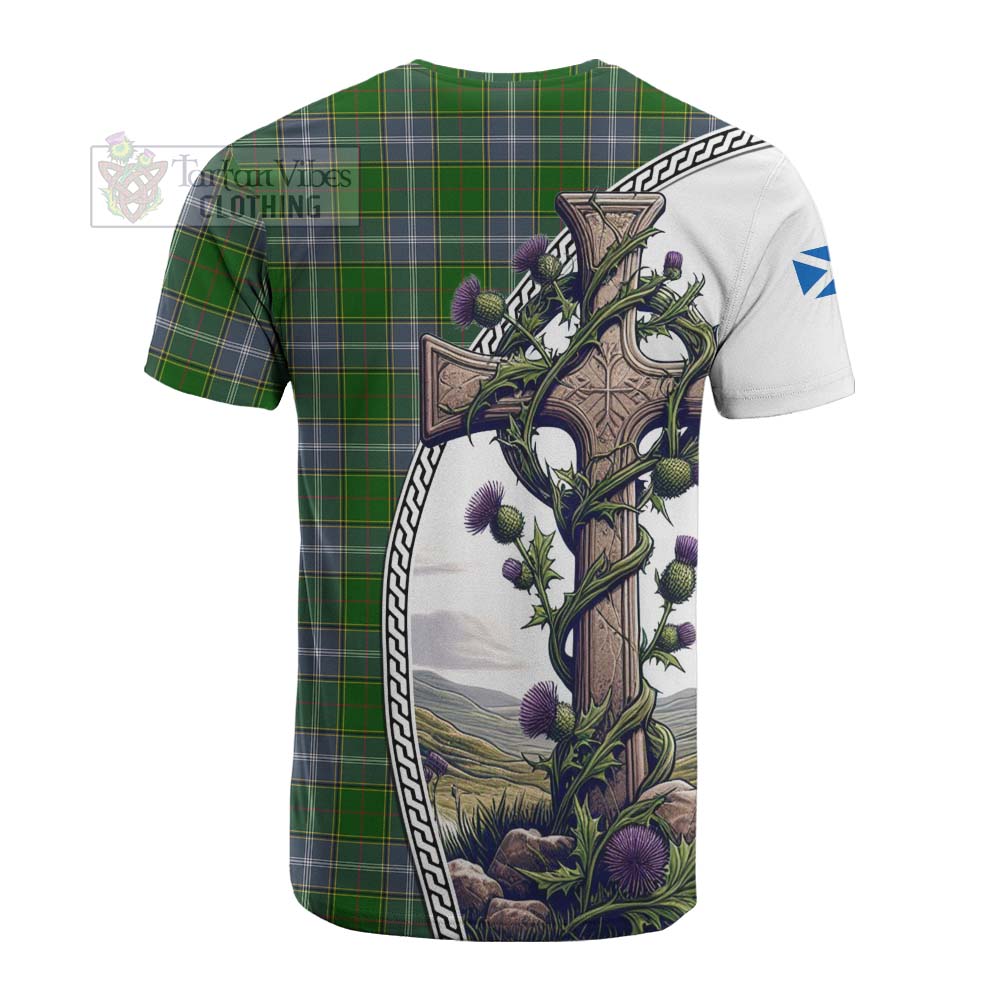 Tartan Vibes Clothing Pringle Tartan Cotton T-shirt with Family Crest and St. Andrew's Cross Accented by Thistle Vines