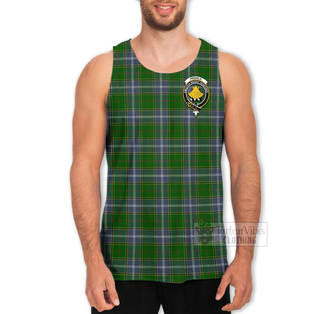 Tartan Vibes Clothing Pringle Tartan Men's Tank Top with Family Crest and Bearded Skull Holding Bottles of Whiskey