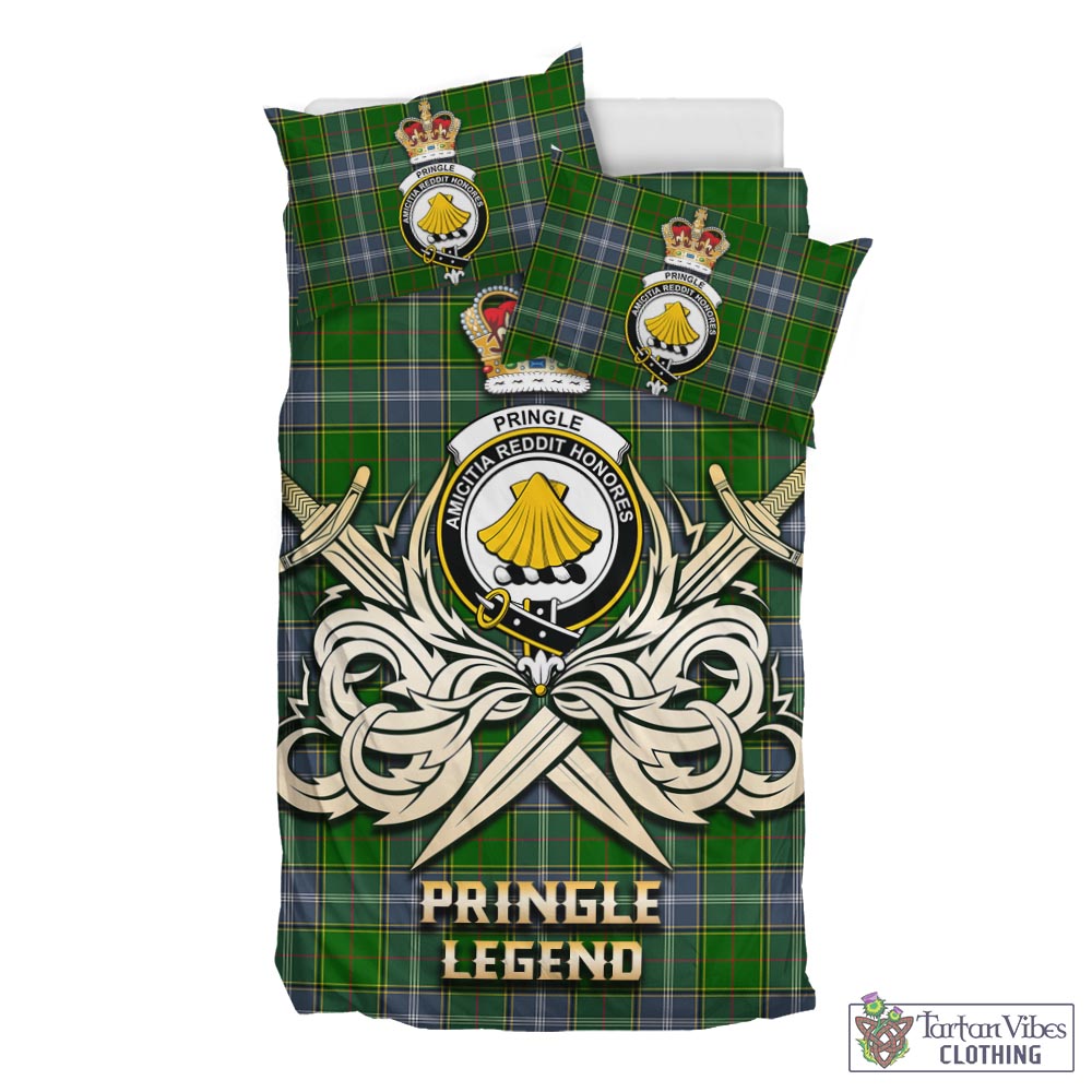 Tartan Vibes Clothing Pringle Tartan Bedding Set with Clan Crest and the Golden Sword of Courageous Legacy