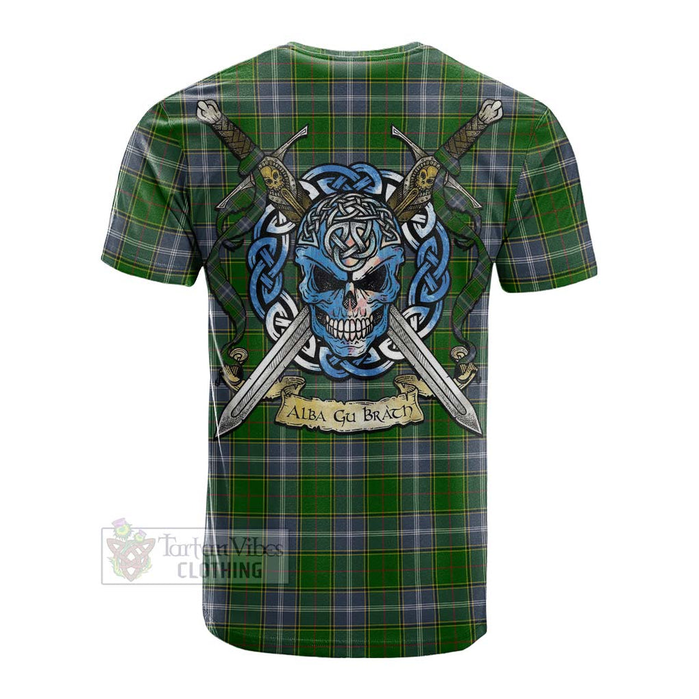 Tartan Vibes Clothing Pringle Tartan Cotton T-shirt with Family Crest Celtic Skull Style