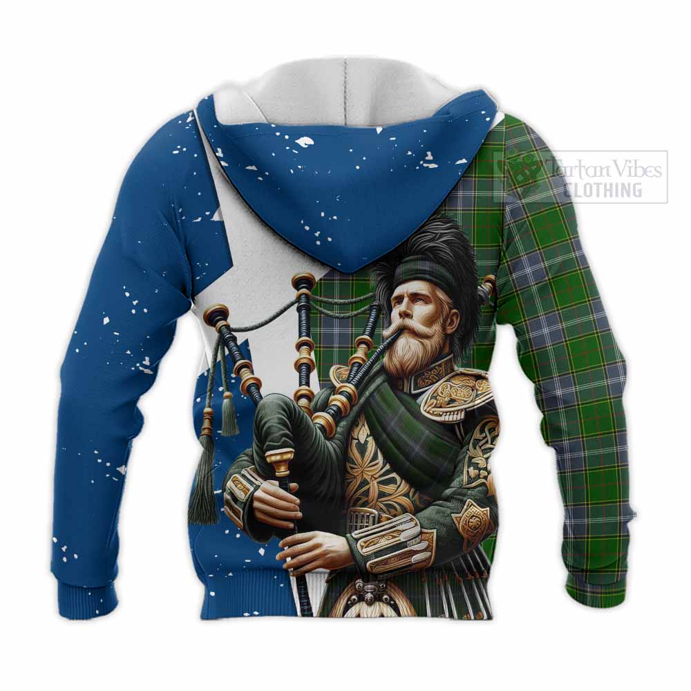 Tartan Vibes Clothing Pringle Tartan Knitted Hoodie with Family Crest Scottish Bagpiper Vibes