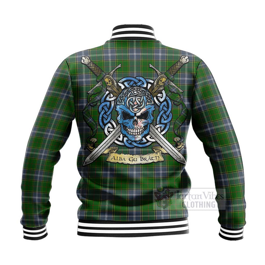 Tartan Vibes Clothing Pringle Tartan Baseball Jacket with Family Crest Celtic Skull Style