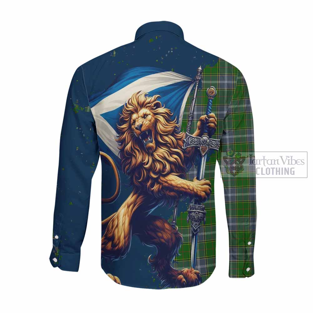 Tartan Vibes Clothing Pringle Tartan Family Crest Long Sleeve Button Shirt with Scottish Majestic Lion