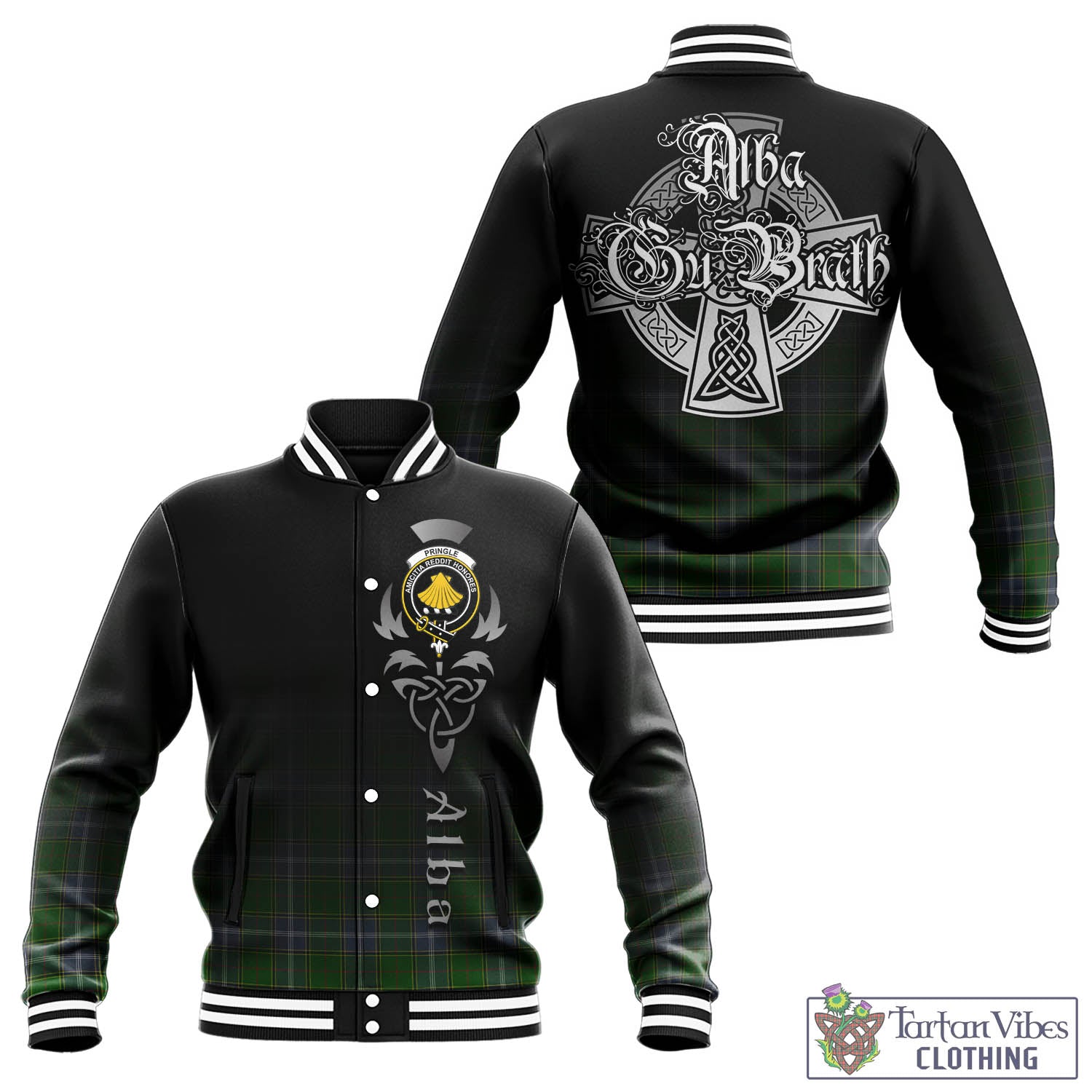 Tartan Vibes Clothing Pringle Tartan Baseball Jacket Featuring Alba Gu Brath Family Crest Celtic Inspired