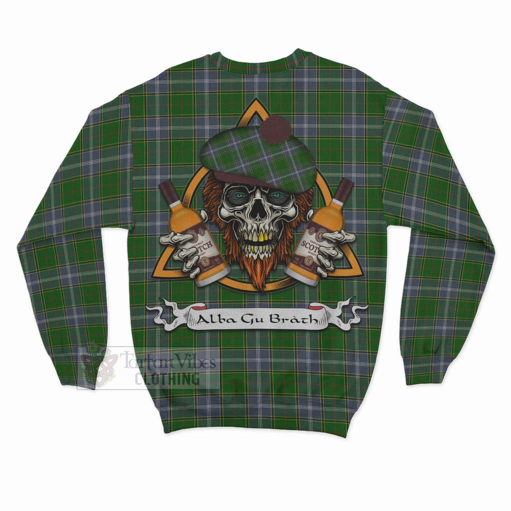 Tartan Vibes Clothing Pringle Tartan Sweatshirt with Family Crest and Bearded Skull Holding Bottles of Whiskey