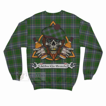 Pringle Tartan Sweatshirt with Family Crest and Bearded Skull Holding Bottles of Whiskey